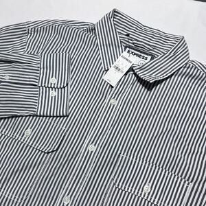 Express Men’s L Slim Soft Wash Shirt Gray White Stripe Button Front NWT